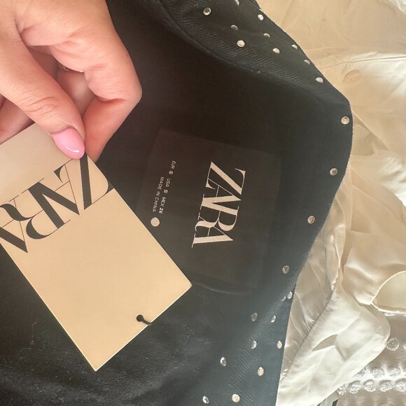 NWT Zara Button Up Shirt Black Denim Oversized Fit Rhinestone Appliques Allover - Picture 3 of 9